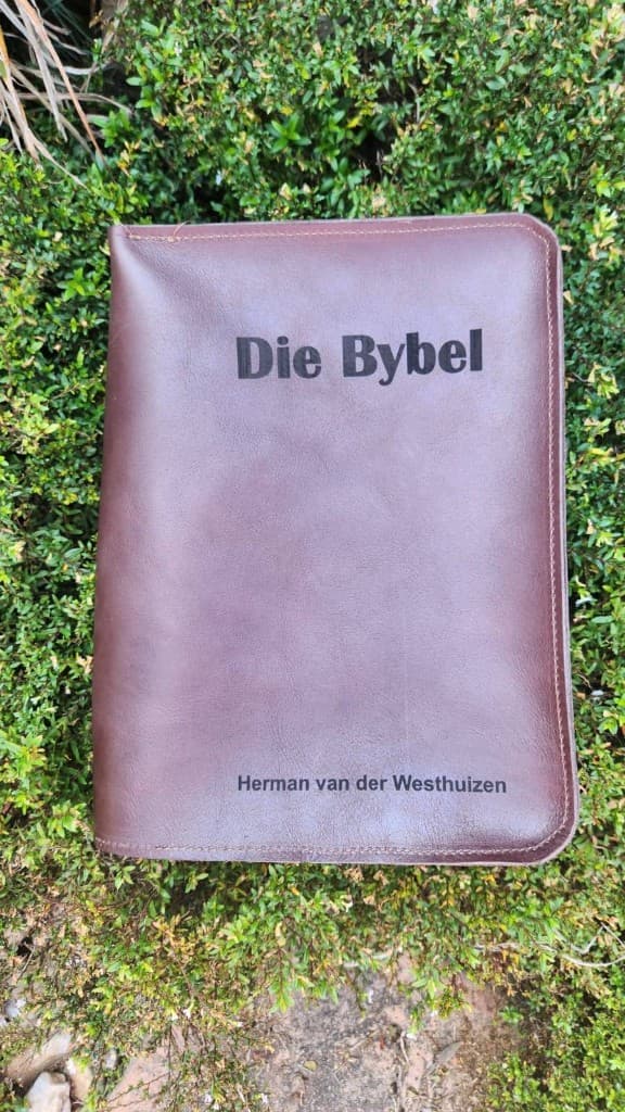 Personalised leather Bible cover with embossed name by Plaasjaap